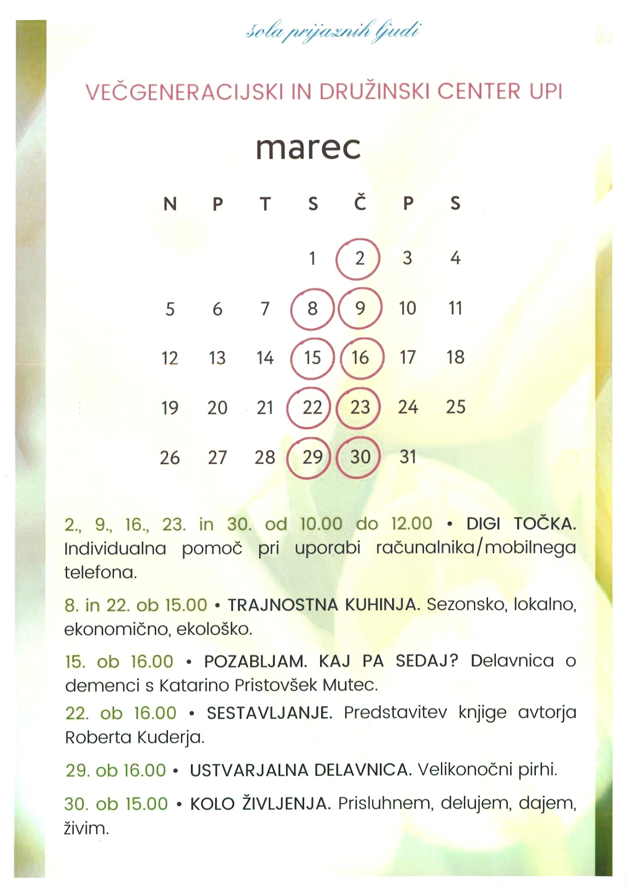 Vabilo na brezplačne aktivnosti UPI ljudske univerze Žalec v mesecu marcu